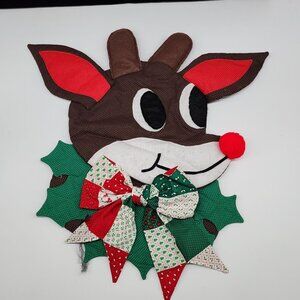 Vintage Handmade Reindeer Wall Hanging With Bow Christmas Decor Brown Red Fabric